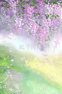 浪漫景色插画图片_紫藤花唯美梦幻浪漫草地治愈春景