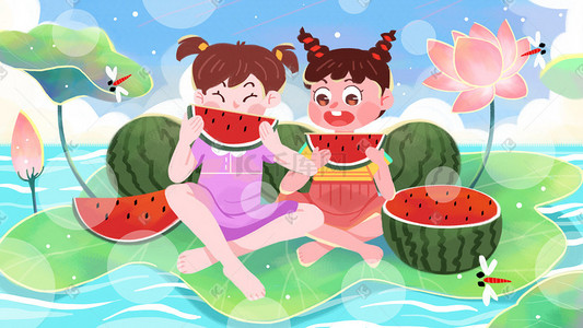 夏天夏至西瓜插画图片_暖暖的夏天吃西瓜插画