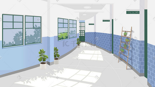 学生教室插画图片_教室外的走廊小清新