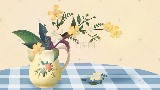 桌子上的铅笔插画图片_春天花朵花桌子上的花瓶手绘插画