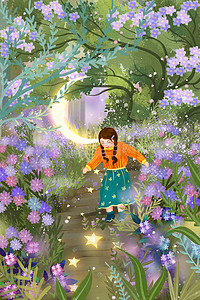紫色的花插画图片_森林里盛开的花丛风景花朵花