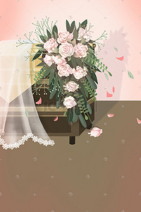 玫瑰花束婚纱浪漫手绘