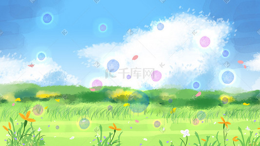 放大镜气泡插画图片_手绘风景草地气泡野花