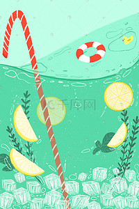 饮品柠檬插画图片_绿色小清新夏季泳池海洋饮品柠檬游泳圈