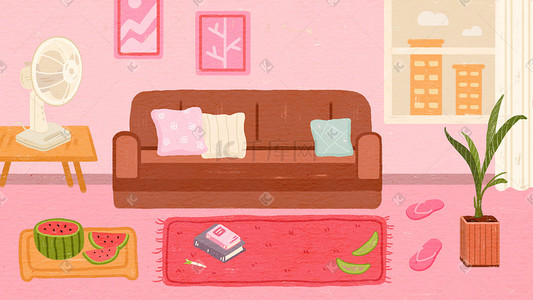 在沙发上喝茶插画图片_粉色室内沙发