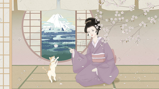 富士山日式插画图片_日本樱花和服美女花朵花