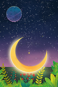 夏季夜空插画图片_治愈系夜晚星空月亮植物萤火虫夏季星光