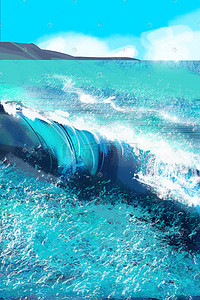 蓝色海浪浪花插画图片_蓝色小清新治愈海洋大海浪花夏季唯美景色