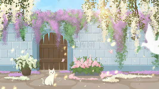 夏天温馨小清新花瓣植物唯美紫藤猫咪场景