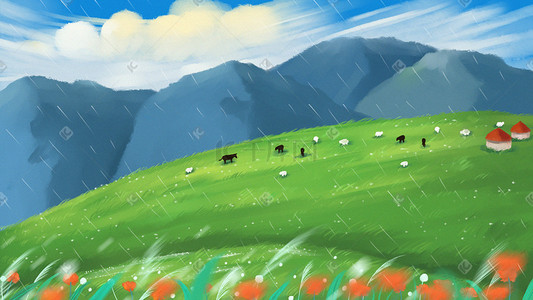 谷雨养生插画图片_谷雨草原放牧治愈节气插画