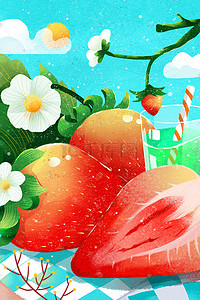 果汁印记插画图片_夏季小清新草莓饮品果汁治愈花朵