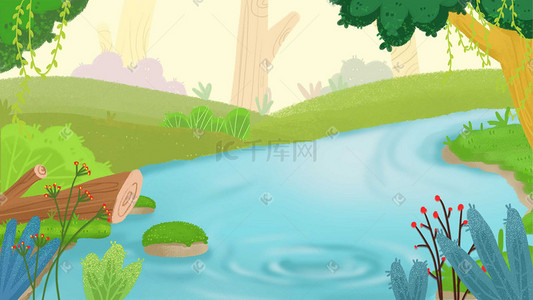 河流洪水插画图片_夏天夏季夏天清新森林场景小河河流植物植物