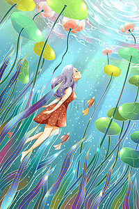 的鱼插画图片_夏天立夏光影下荷塘里的女孩手绘插画