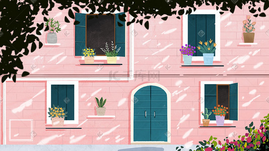 绿的背景插画图片_粉色浪漫的小房子摆满花卉