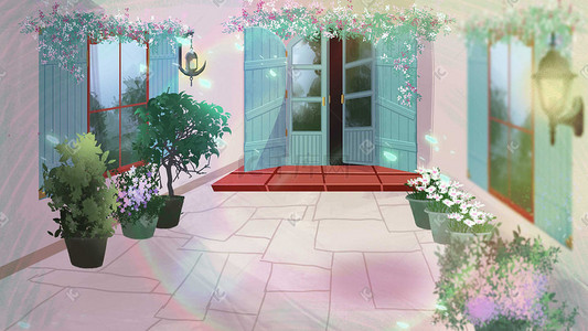 小院插画图片_夏天夏季夏日院子小院光晕花朵室外