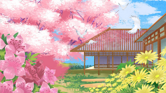 花朵黄色插画图片_唯美樱花树日式和风花朵花