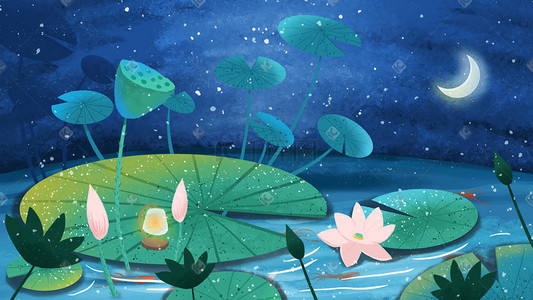 夜晚池塘插画-夜晚池塘配图-千库网