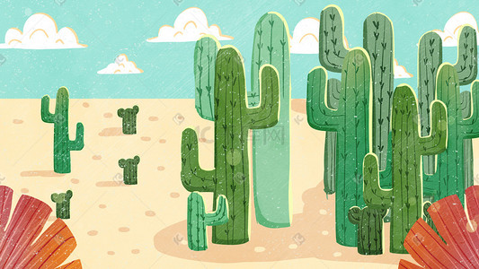 沙漠插画图片_沙漠里的仙人掌可爱卡通