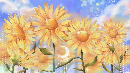 黄色背景云朵插画图片_盛开的向日葵葵花唯美夏天背景