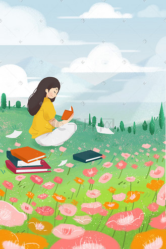 读书人物插画图片素材_读书日女孩草地读书风景人物插画