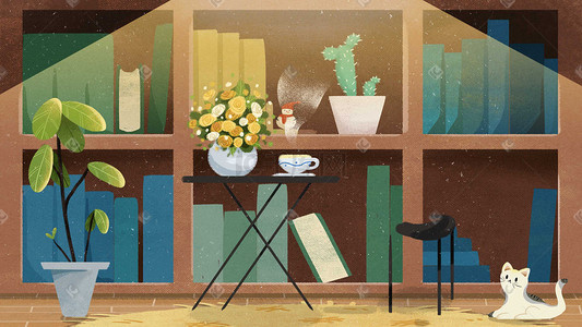 猫在凳子下插画图片_小猫猫咪读书鲜花花盆灯光桌子椅子凳子书架