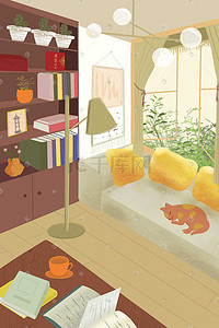 样机杯子插画图片_读书看书书房阳光沙发学习小猫猫咪咖啡杯子