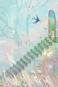手绘燕子插画图片_春天的阶梯风景手绘