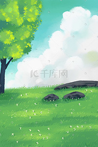 绿地停车场插画图片_清明踏青绿地田野风景插画手绘