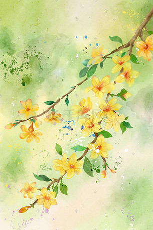 中国风水墨水彩春天夏天一月迎春花