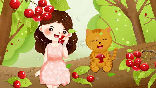 树下猫插画图片_立夏樱桃熟了可爱女孩小猫