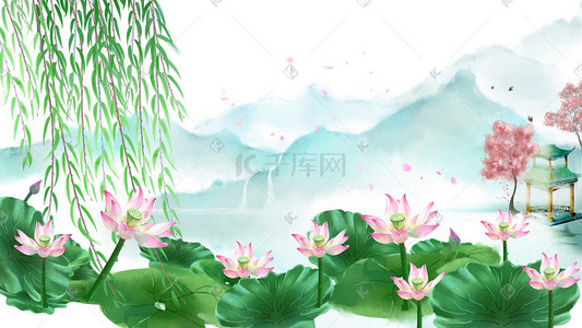 荷花远景插画图片_风景垂柳荷花荷叶海棠