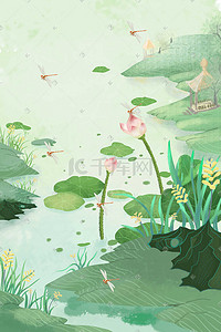 动态水流插画图片_荷花荷叶池塘小溪水流蝴蝶蜻蜓夏天