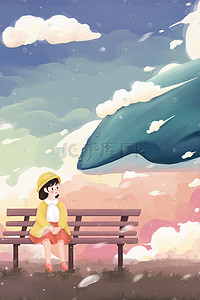 唯美粉红色背景天空云鲸鱼女孩星空清晰插画