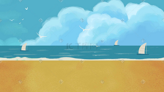 大海沙滩白云插画图片_天空蓝天白云海边大海沙滩