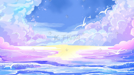 海鸥的插画图片_情人节浪漫唯美海边发光的海洋520