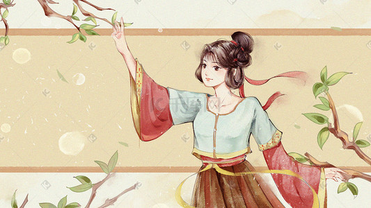 古风手绘植物插画图片_水彩手绘唯美古风汉服美女看花