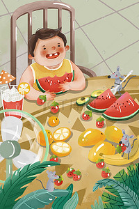 草莓水果插画图片_夏至夏日夏天西瓜草莓水果橙汁