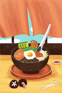 烤肉石锅拌饭插画图片_拌饭美食手绘小清新香菇荷包蛋插画