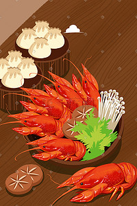 水产海鲜活虾龙虾插画图片_矢量小龙虾夏日美食手绘插画