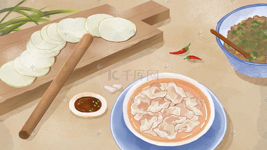 温州混沌插画图片_饺子混沌美食餐桌做饺子厚涂插画
