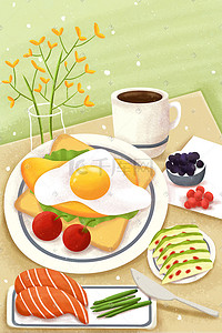 简洁果蔬沙拉插画图片_小清新早餐美食面包荷包蛋水果沙拉食物