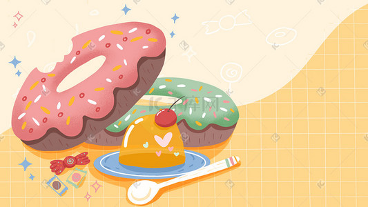 零食包装封面插画图片_小清新美食甜品手绘甜甜圈布丁零食