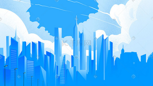 蓝色扁平风小清新城市建筑蓝天白云背景