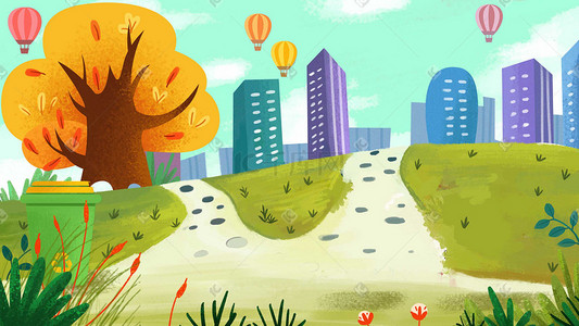 氢气球字插画图片_环保出行建筑旅游手绘出行植物