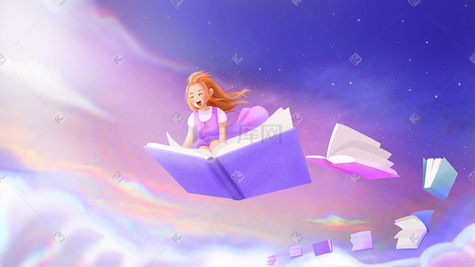飞翔的水鸟插画图片_世界读书日女孩读书梦幻幻境飞翔意境插画