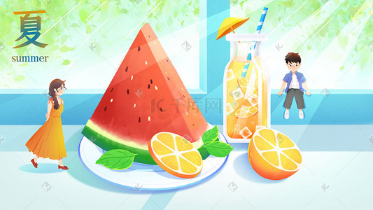 冰奶茶饮品插画图片_立夏饮料饮品西瓜窗台解暑夏天夏日夏