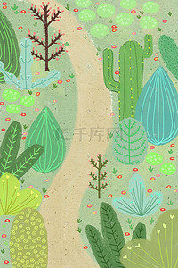 沙漠树木插画图片_夏天沙漠仙人掌小清新绿色植物草地花朵手绘唯美景色