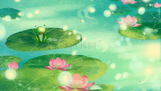绿色清新花水彩插画图片_夏天荷塘风景手绘