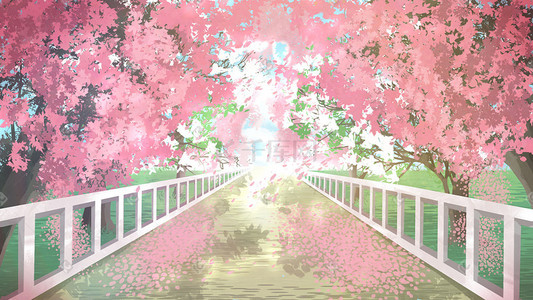 金色花朵文本框插画图片_粉色小清新夏天唯美樱花马路景色花朵花