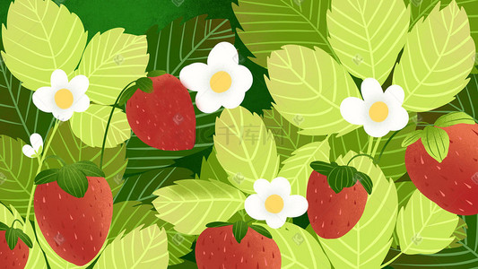 草莓喷溅插画图片_夏天小清新唯美水果绿色草莓手绘风格插画